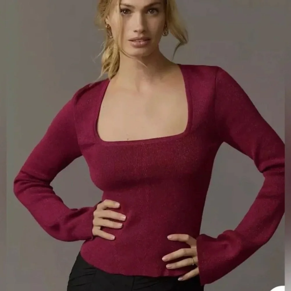 Maeve by Anthropologie NWT Square Neck Bell Sleeve Sweater Raspberry Sparkle - Picture 1 of 9